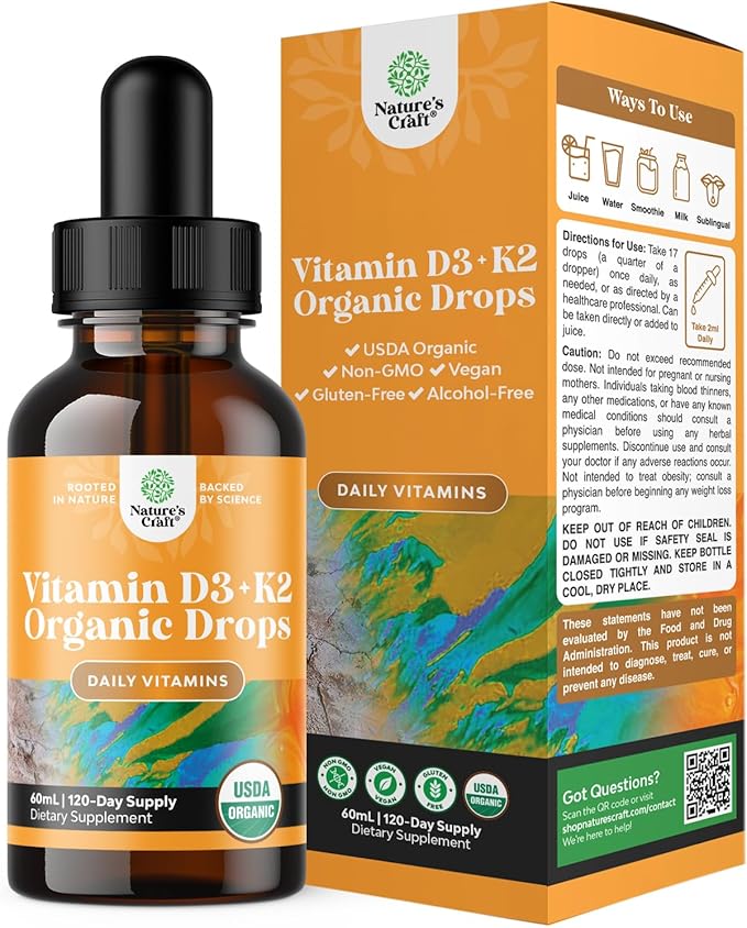 Liquid Vitamin D3 with K2 for Adults - Organic Vitamin D3 K2 Drops with 2000IU per Serving - Vegan Vitamin D3 Liquid Drops for Bone Muscle Heart & Immune Support with MCT Oil for Enhanced Absorption