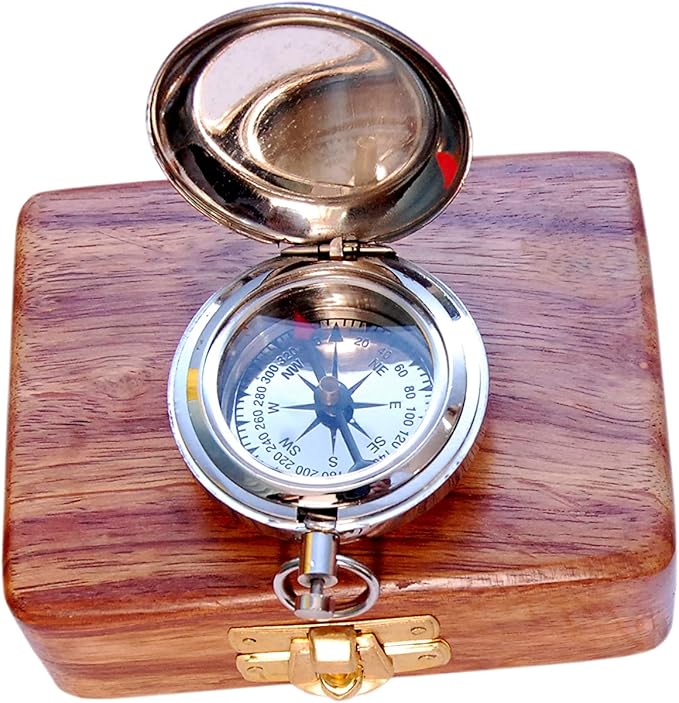 Brass Nautical Compass with Wooden Case - Antique Brass & Copper Sun Clock for Camping, Hiking, Touring - Engraved Gift for Him - Nautical Clock - Compass Gift
