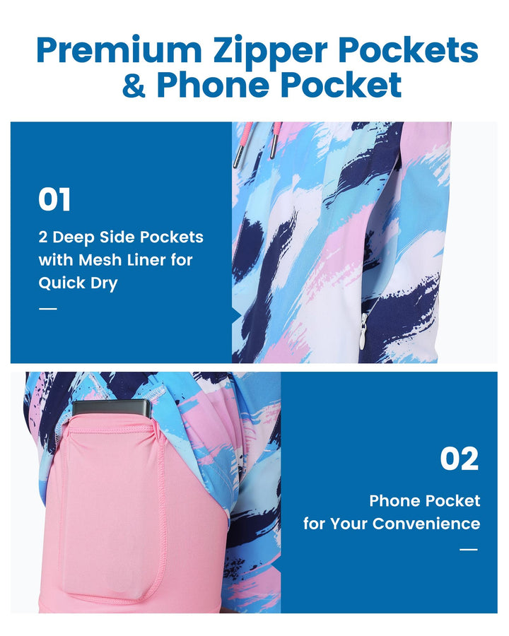 maamgic Mens Swim Trunks with Compression Liner 5" Stretch Athletic Swimming shorts Quick Dry with Zipper Pockets No-Chafing Board Shorts Blue Pink Texture Painting X-Small