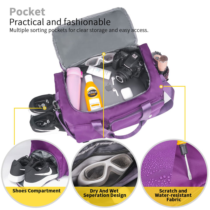 FIORETTO Women's Water-Resistant Gym Duffle Bag with Shoes Compartment, 37L Capacity, Multi-Functional, Ideal for Travel, Gym, Sports, Weekender, Violet
