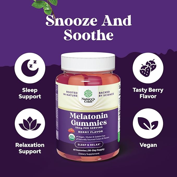 Organic Melatonin Gummies 10mg per Serving - Fast Acting Tasty Sleep Gummies for Adults Extra Strength Melatonin 10mg for Adults Enhanced Sleep Quality & Duration - Non GMO Organic & Vegan (30 Days)
