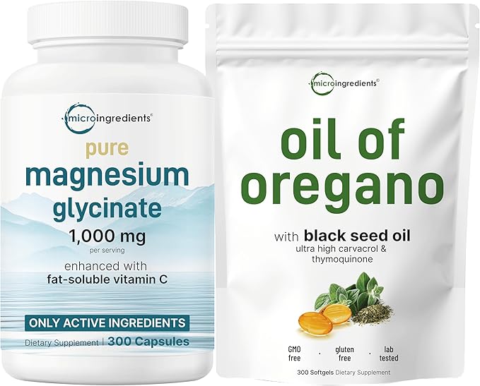 Micro Ingredients Oil of Oregano 6,000mg Softgels & Pure Magnesium Glycinate 1,000mg Capsules Bundle 2 Pack | 4X Strength Thymoquinone with Black Seed | Chelated Form for Max Absorption