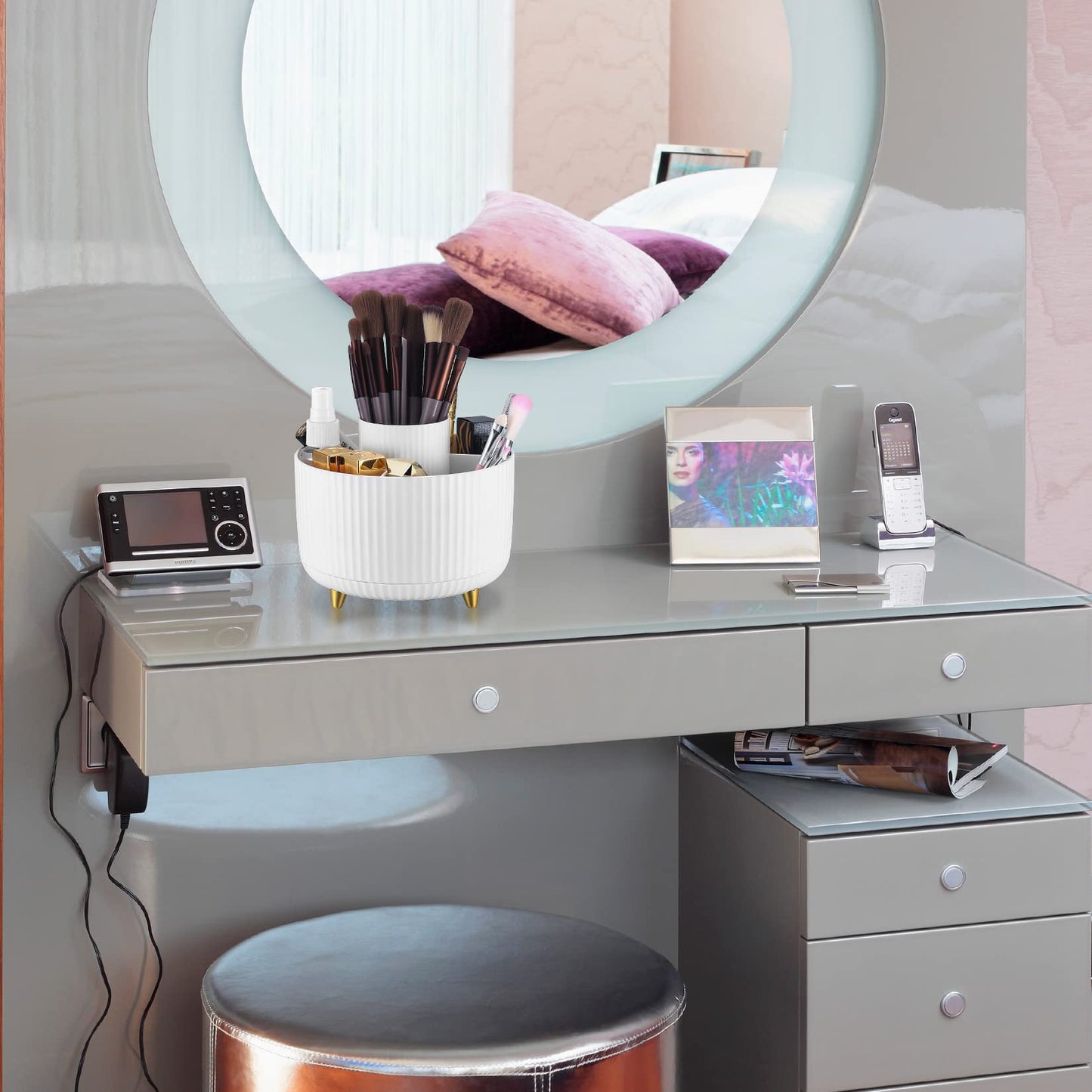 360° Rotating Makeup Organiser, Makeup Brush Holder Organizer, Spinning Cosmetic/Perfume/Beauty Organizer with 5 Compartments for Dressing Table, Bathroom Countertop Make Up Storage