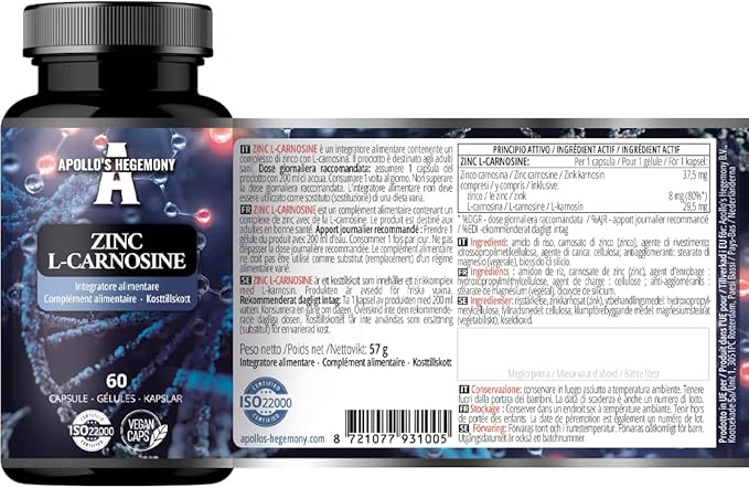 APOLLO'S HEGEMONY Zinc L-Carnosine 37.5 mg per Capsule - 90 Vegan Capsules - 3 Months Supply - for Skin, Hair & Nail Health - Supplement
