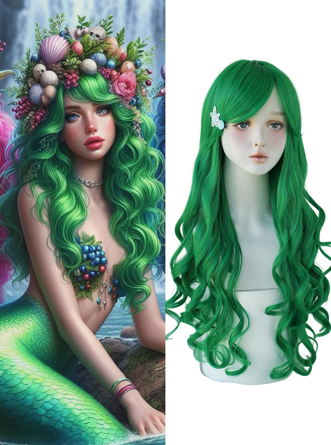 7JHH WIGS Long Wavy Costume Wigs Cosplay Mermaid Green Wig for Women Halloween Party Used High Temperature Heat Resistant Fiber Natural Hairline Cos Wig