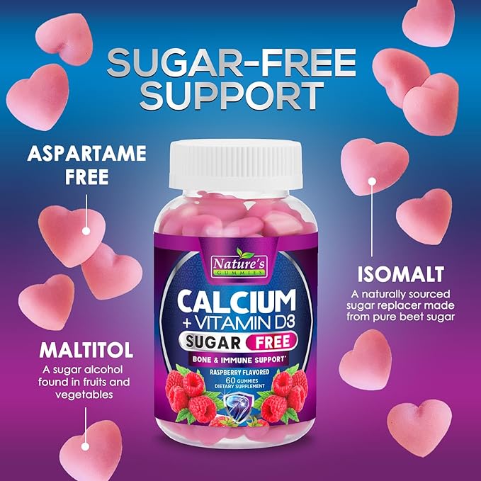 Sugar Free Calcium Gummy Bites Plus 400 IU Vitamin D3, Bone Health & Immune Support, Supports Bone Strength - Chewable Calcium Nutrition Supplement, Non-GMO, Berry Flavor Chews - 60 Gummies