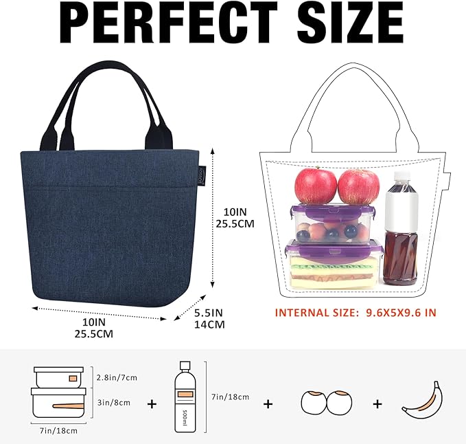 Aosbos Insulated Lunch Bag for Women, Blue, 10.0L x 5.5W x 10.0H Inches, Leakproof & Waterproof, Long-Term Insulation, Stylish & Portable, Perfect for Work, Travel, Shopping or Outdoor Activities