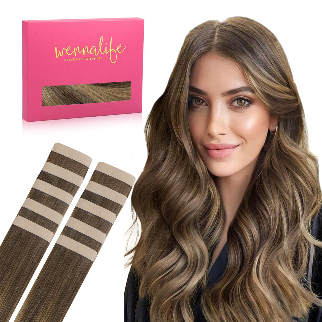 WENNALIFE Tape in Hair Extensions Human Hair Balayage Chocolate Brown to Caramel Blonde Tape in Extensions, 10pcs 20g 12 inch Remy Invisible Tape Ins Straight Soft Real Human Hair Tape in Extensions