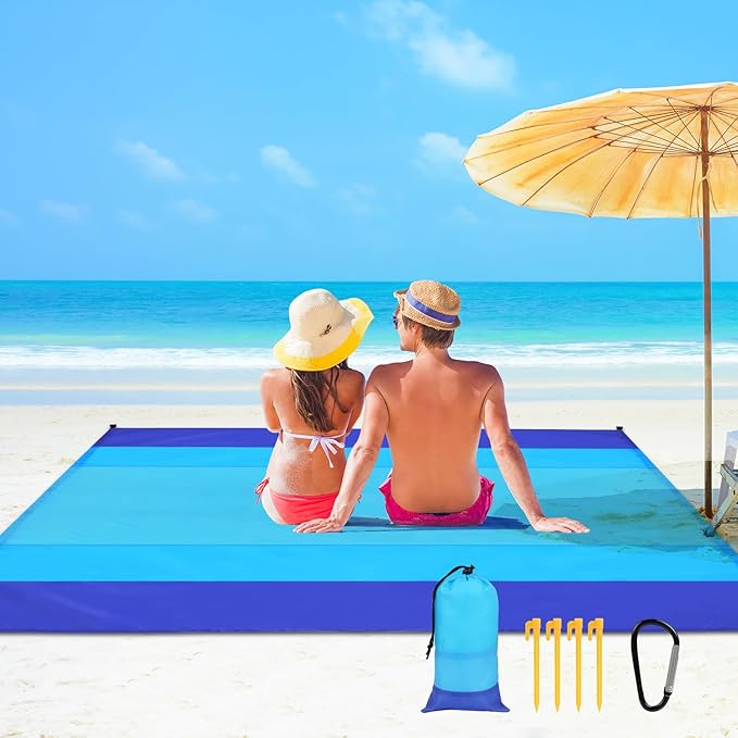 Beach Blanket Beach Mat, Sandproof Waterproof Beach Mat, Extra Large 108 * 118 in (8-10People) Picnic Blanket with 1 Storage Bag, 1 Carabiner & 4 Fixed Nails for Beach, Camping, Hiking, Picnic