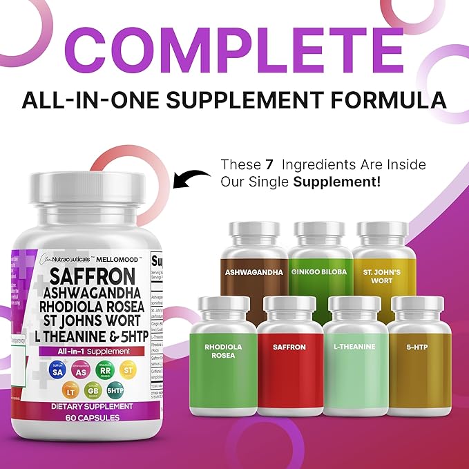 Clean Nutraceuticals Saffron Supplements with Ashwagandha - Mood Support with L-Theanine, Ginkgo Biloba, St. John's Wort, Rhodiola Rosea & 5-HTP - Saffron Pills