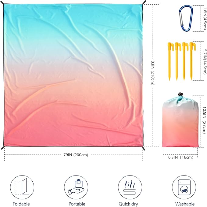 Beach Blanket Waterproof Sandproof Beach Mat 79" X 83" /10'x9'for 2-8 Adults Quick Drying Outdoor Picnic Mat Beach Accessories for Travel, Camping, Hiking