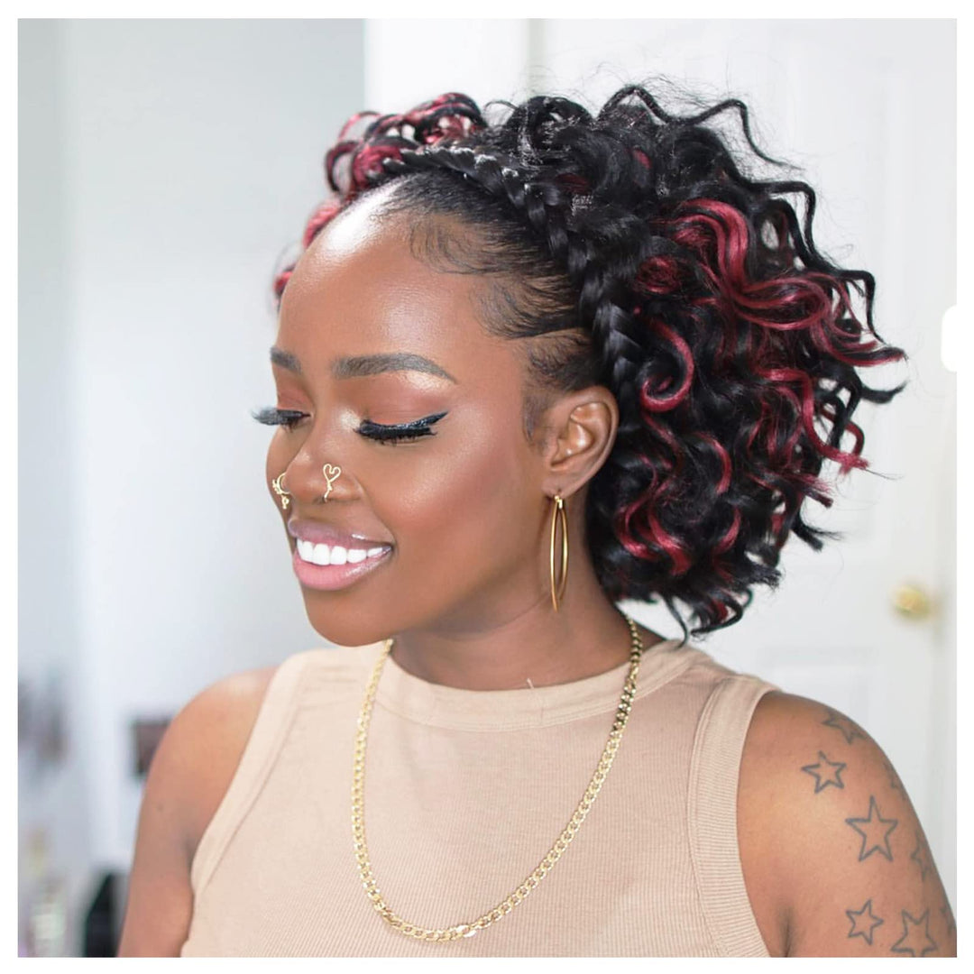 Toyotree Ocean Wave Crochet Hair - 9 Inch 8 Packs Black Mix Burgundy Short Curly Deep Wave Crochet Hair, Synthetic Ocean Wave Br