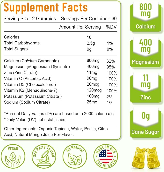 High Absorption Calcium Gummies, Calcium Magnesium Zinc with Magnesium Glycinate, Potassium, Vitamin D3 for Women & Men- Mango Flavor 60 Cts