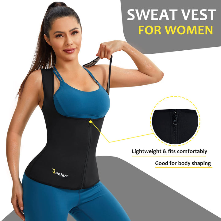 Junlan Sauna Suit for Women Waist Trainer Vest for Women Sweat Tank Top Shaper for Women with Zipper (Black, Small)