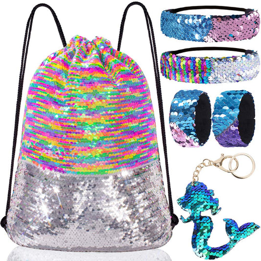 Mermaid Reversible Sequin Drawstring Backpack/Bag Rainbow/Silver for Kids Girls One_Size