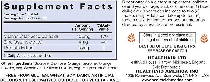 Zincovit - C, Chewable Vitamin C and Zinc Lozenges with Propolis, 60ct, Vegetarian