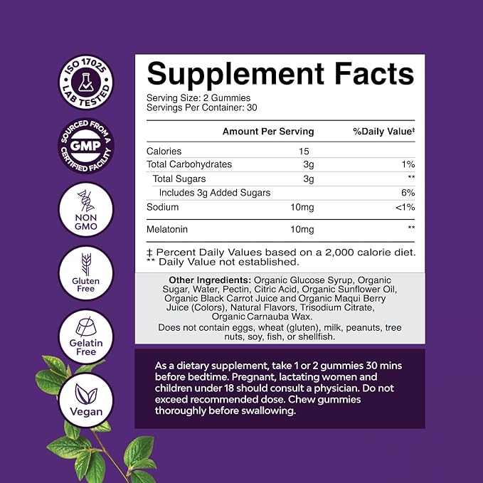 Organic Melatonin Gummies 10mg per Serving - Fast Acting Tasty Sleep Gummies for Adults Extra Strength Melatonin 10mg for Adults Enhanced Sleep Quality & Duration - Non GMO Organic & Vegan (30 Days)