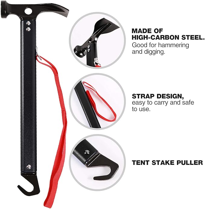 REDCAMP Aluminum Camping Hammer with Hook, 12" Portable Lightweight Multi-Functional Tent Stake Hammer for Outdoor,Black/Red/Orange/Blue
