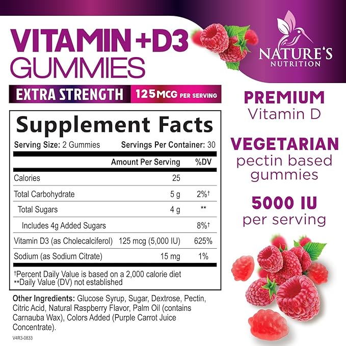 Vitamin D3 Supplement Gummy 5000 IU (125 mcg) Dietary Vitamins D for Men & Women - Bone, Teeth, Muscle and Immune Health Support, High Potency VIT D3 Nature's Non-GMO & Gluten Free - 60 Gummies