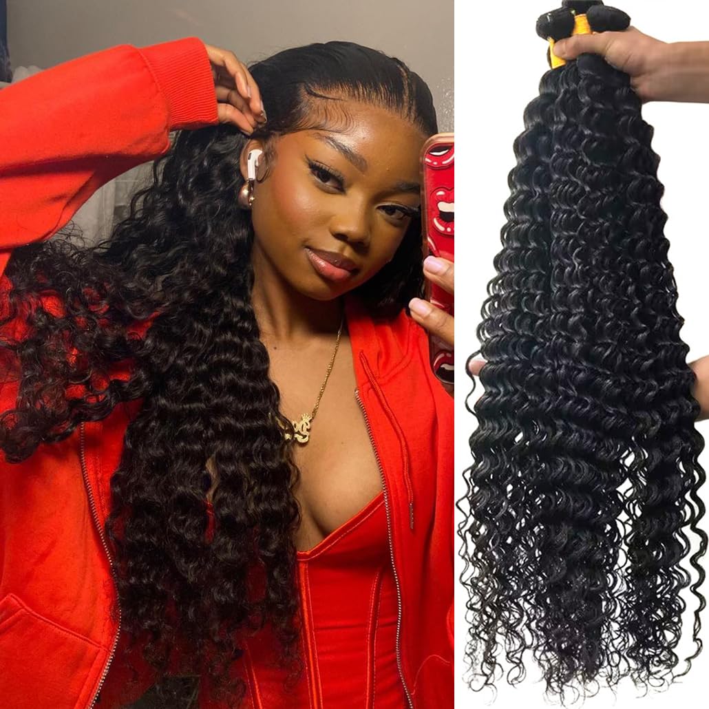 Deep Wave Bundles Human Hair 4 Bundles (18 20 22 24 Inches) 12A Virgin Curly Bundles 100% Human Hair Deep Wave Bundles Deep Curl