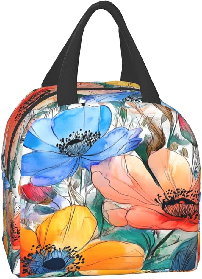 Watercolor Floral Insulated Lunch Box for Women Men， Colorful Leaf Flowers Reusable Lunch Tote Bags Thermal Cooler Lunch Bags for Office School Picnic Hiking