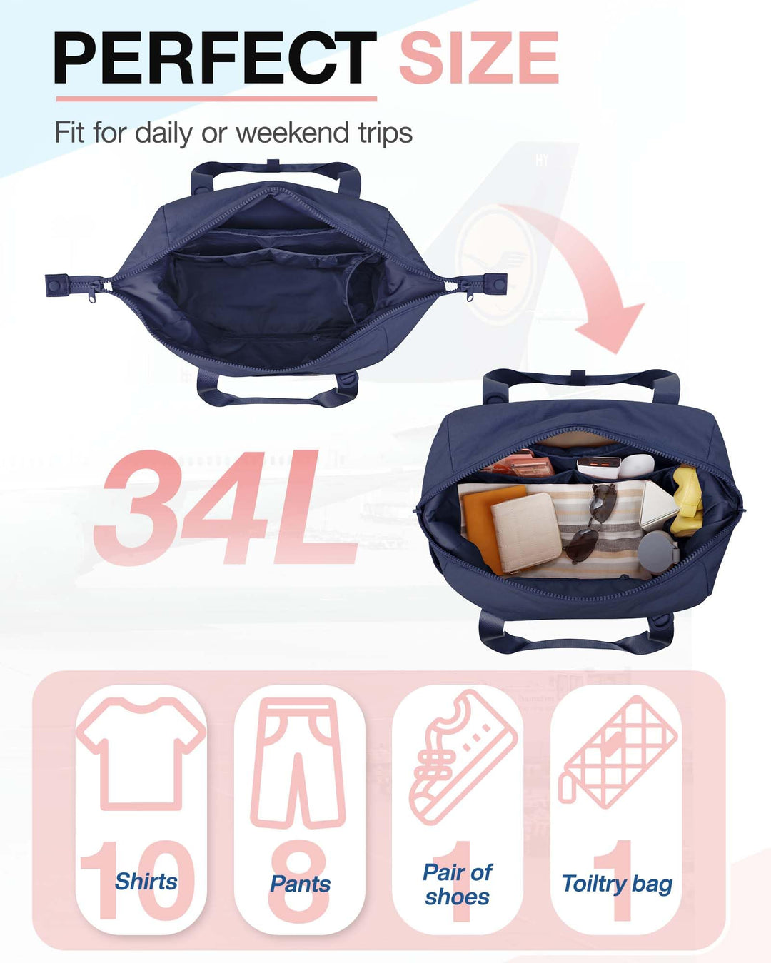 BAGSMART BAGSMART Gym Bag for Women, Carry on Weekender Overnight Bag, Travel Duffel Bags with Trolley Sleeve, Personal Item Travel Bag Tote Bag Workout Dance Bag, Dark Blue-34L