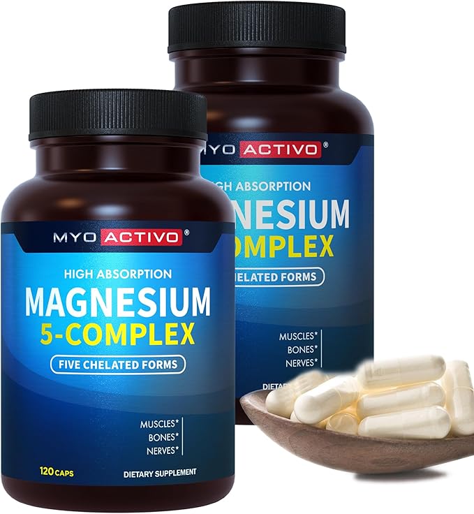 Magnesium 5 Complex - Chelated Magnesium Glycinate, Malate, Citrate, Taurate, & Aspartate for Nerves, Muscles, Bones - 2 Pack