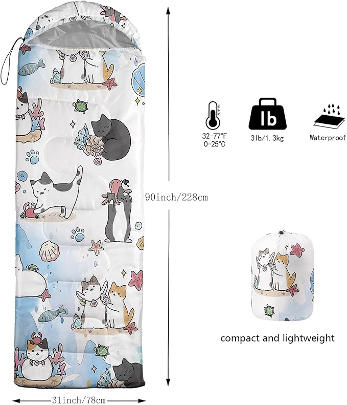 AILONEN Kids Floral Cat Camping Sleeping Bags,Lightweight & Waterproof,3 Season Warm & Cool Weather,Kawaii Kitten Sleeping Bags for Girls Adults,Travelling,Outdoors