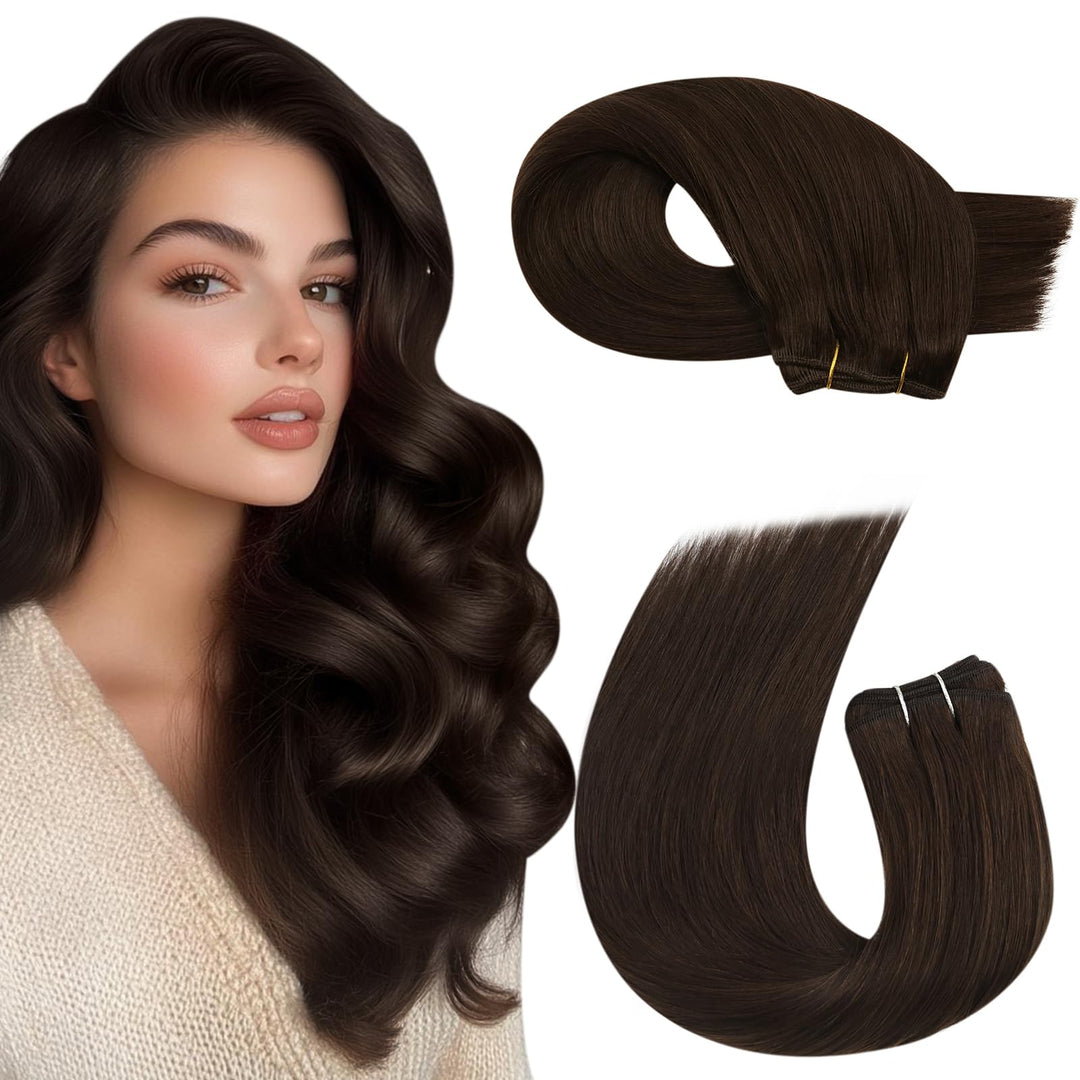 Moresoo Human Hair Weft Extensions Weft Hair Extensions Human Hair Full Head Double Weft Dark Brown Hair Extensions Weft 20 Inch