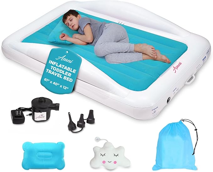 Asani Inflatable Toddler Travel Bed, Electric Pump, Leakproof Air Mattress, Bumpers, Carry Case, Pillow - Fits Kids Up to 4ft - Blue | Portable, Foldable, Ideal for Camping & Sleepovers