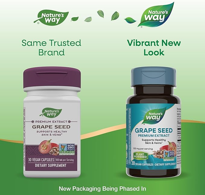 Nature's Way Grape Seed Premium Extract, Supports Healthy Skin and Veins*, Antioxidant Support*, Non-GMO Project Verified, 30 Vegan Capsules (Packaging May Vary)