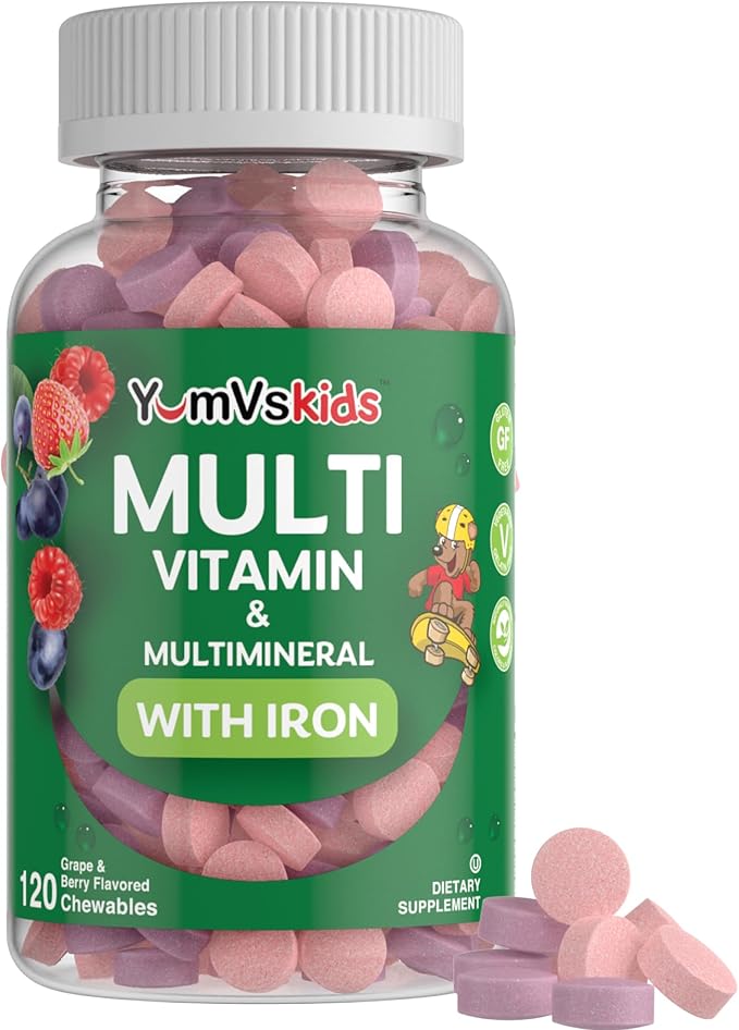 YumVs Complete Kids Multivitamin with Iron - Kids Chewable Multivitamin - Kids Vitamins Multivitamin + Kids Iron Supplement - Toddler Vitamins for 2 Year Old+, Kosher, Halal, Gluten Free (120 Tablets)