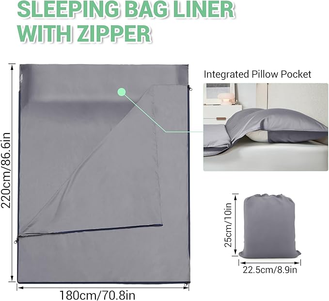 Sleeping Bag Liner,Adult Sleep Sack & Travel Sheets,Travel Sleep Sack for Backpacking, Hotels & Hostels - Lightweight Single & Double Travel Sheet Camping Sheets,Has Full Length Zipper
