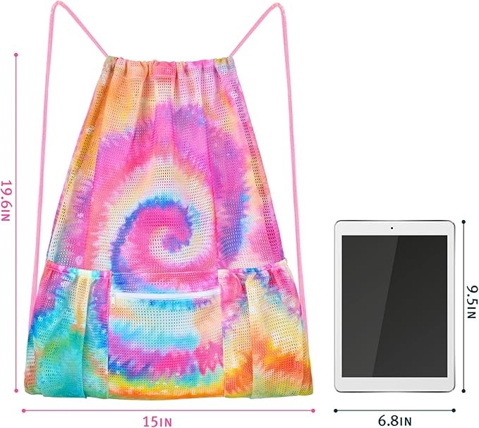 Fiodrimy Mesh Drawstring Backpack Bag Beach Bag with Zipper Pocket Gym Backpack Bag for Swimming Gear Gym Storage Bag for Adult Kids (Tie Dye)