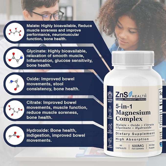 5-in-1 Magnesium Complex Spectrum 5 Magnesium Glycinate from ZnS Health, Malate, Citrate, Oxide, Hydroxide for Energy, Nerves, Muscles, Sleep, Joints, High Absorption 500 mg 60 Capsules Vegan Non-GMO