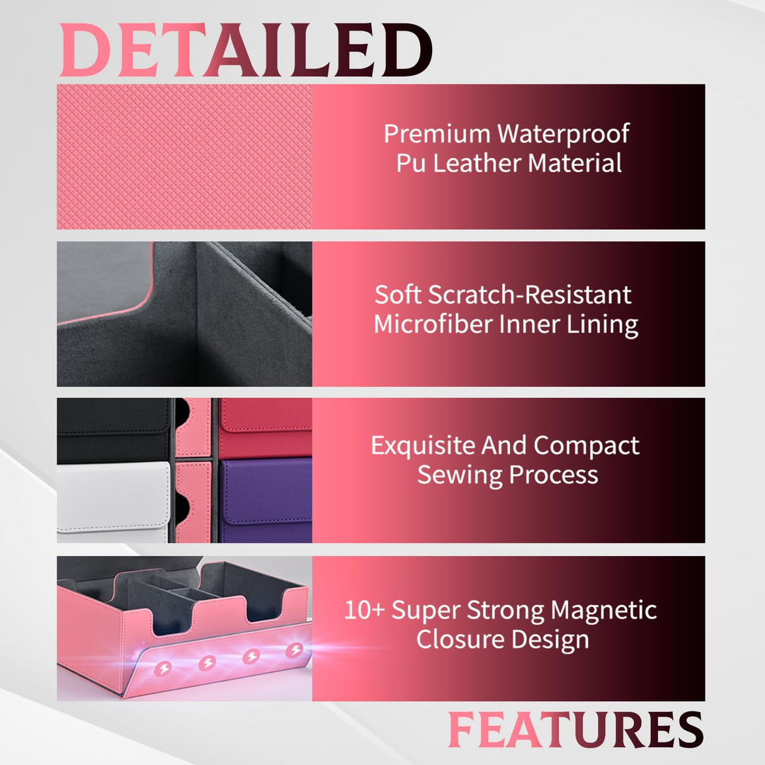 ZLCA Card Deck Box for Trading Cards with 4PCS Deck Cases, MTG Commander Deck Box Holds 900+ Single Sleeved Cards, PU Leather Magnetic Card Storage Box Fits for TCG CCG Magic Cards（Pink Set）