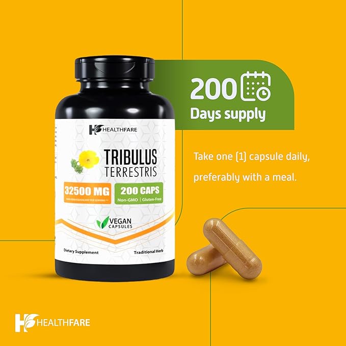 Tribulus Terrestris Extract 32,500mg | 200 Veg Capsules | Maximum Strength | Non-GMO | Gluten-Free