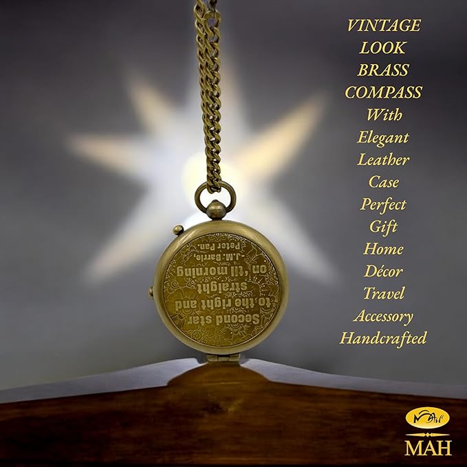 Second Star to The Right J. M. Barrie, Peter Pan Engraved Handmade Brass Compass for Birthday, Graduation Day, Confirmation Gift, Valentine Gift Parting Gift and Campion, Hiking Compass with Case