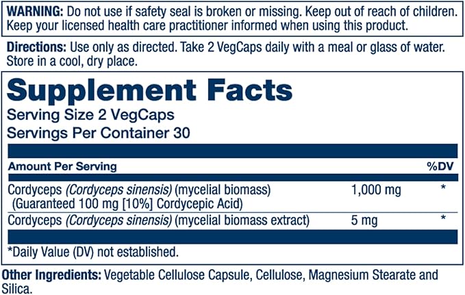 SOLARAY Fermented Cordyceps Mushroom 1000 mg - Healthy Energy Support - Fermented for Enhanced Absorption - Vegan, Non-GMO, Lab Verified - 30 Servings, 60 VegCaps