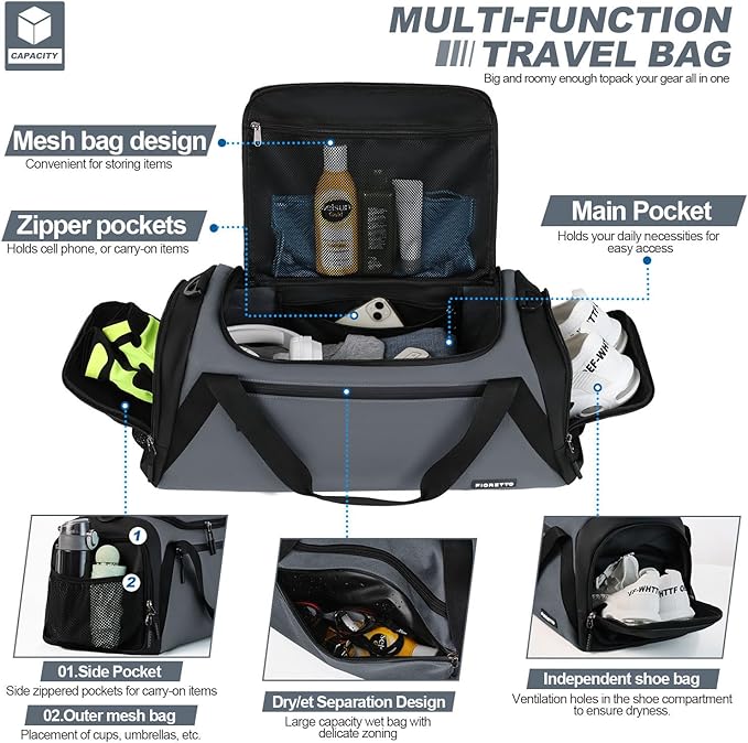 FIORETTO 43L Mens Sports Gym Bag with Wet Pocket & Shoe Compartment, Travel Duffle Bag Overnight Bag with Padded Shoulder Strap, Holdall for Swimming, Basketball, Football Grey