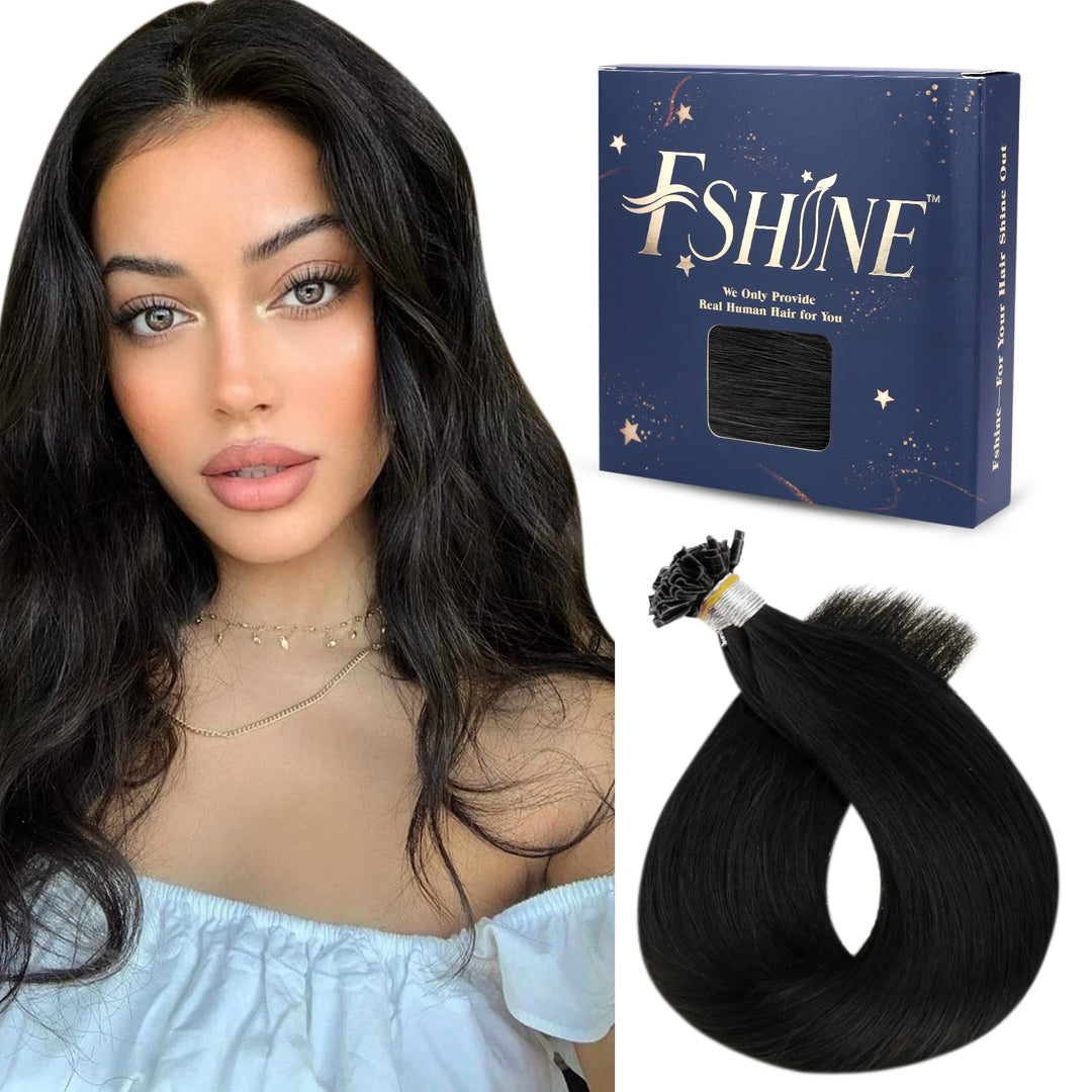 Fshine Nail Tip Hair Extensions Human Hair Jet Black 16 Inch Pre Bonded U Tip Remy Human Hair Extensions Color 1 Black Keratin B