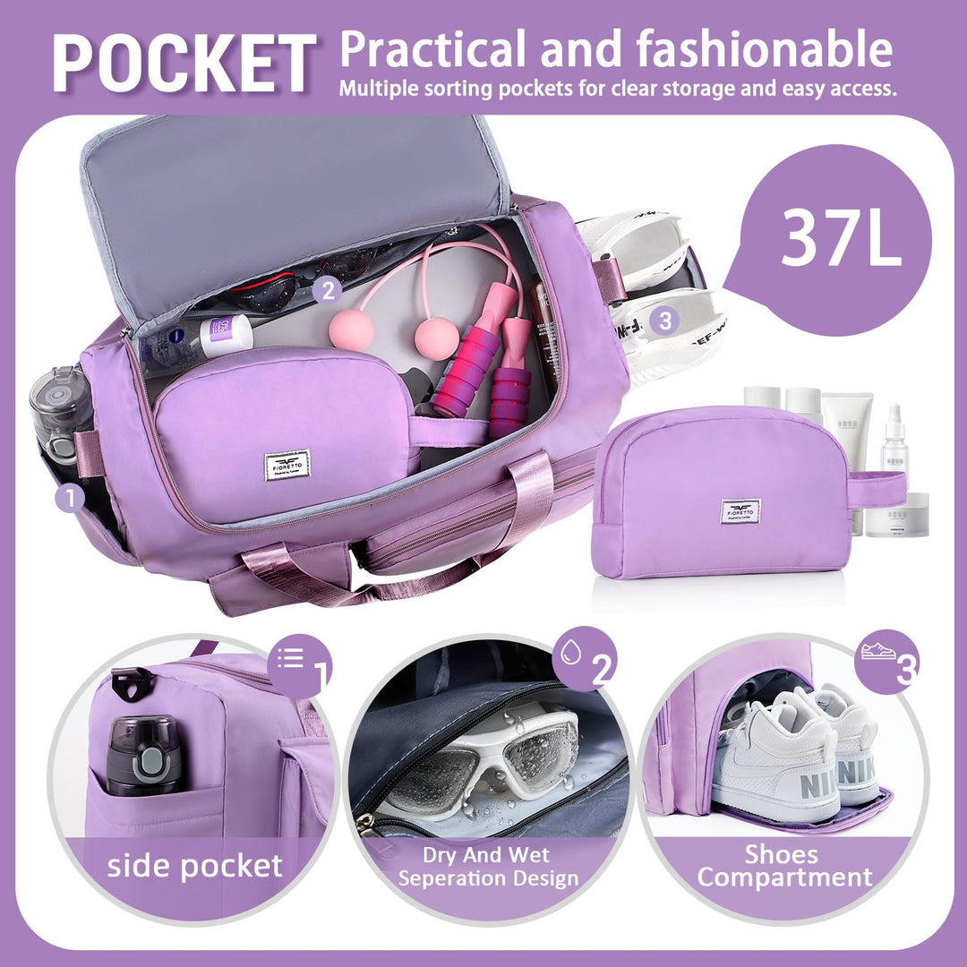 FIORETTO Women's Water-Resistant Gym Duffle Bag with Shoes Compartment, 37L Capacity, Multi-Functional, Ideal for Travel, Gym, Sports, Weekender, with Toiletry Bag, Pulple