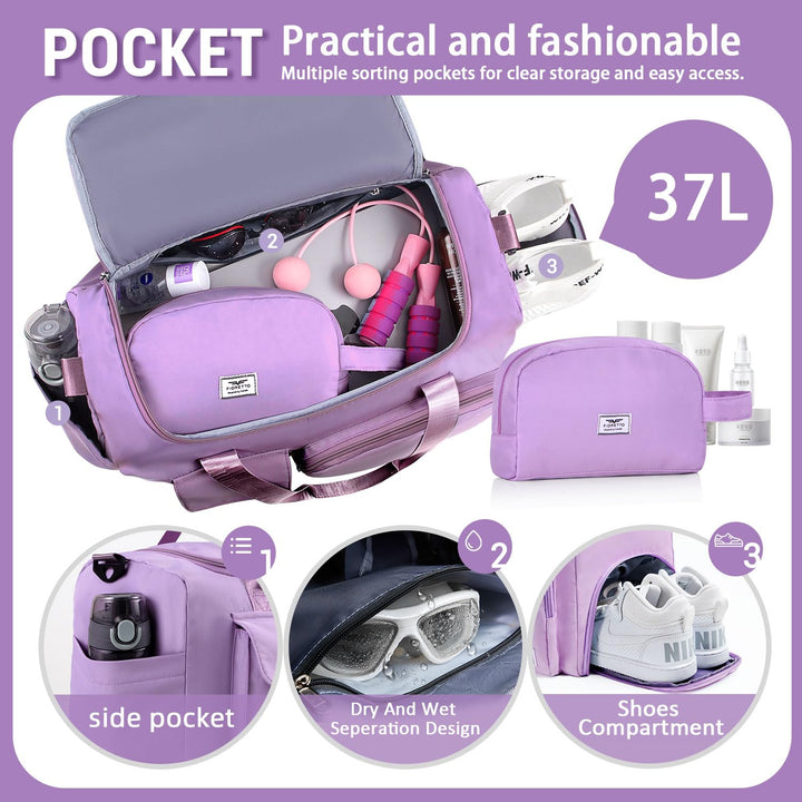 FIORETTO Women's Water-Resistant Gym Duffle Bag with Shoes Compartment, 37L Capacity, Multi-Functional, Ideal for Travel, Gym, Sports, Weekender, with Toiletry Bag, Pulple