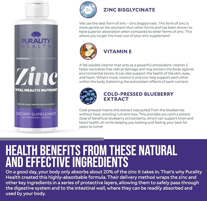 Liposomal Zinc, Purality Health,15mg of Zinc per Serving, Liquid Zinc, Blueberry Flavor, Vegan, Gluten-Free, 15 Day Supply