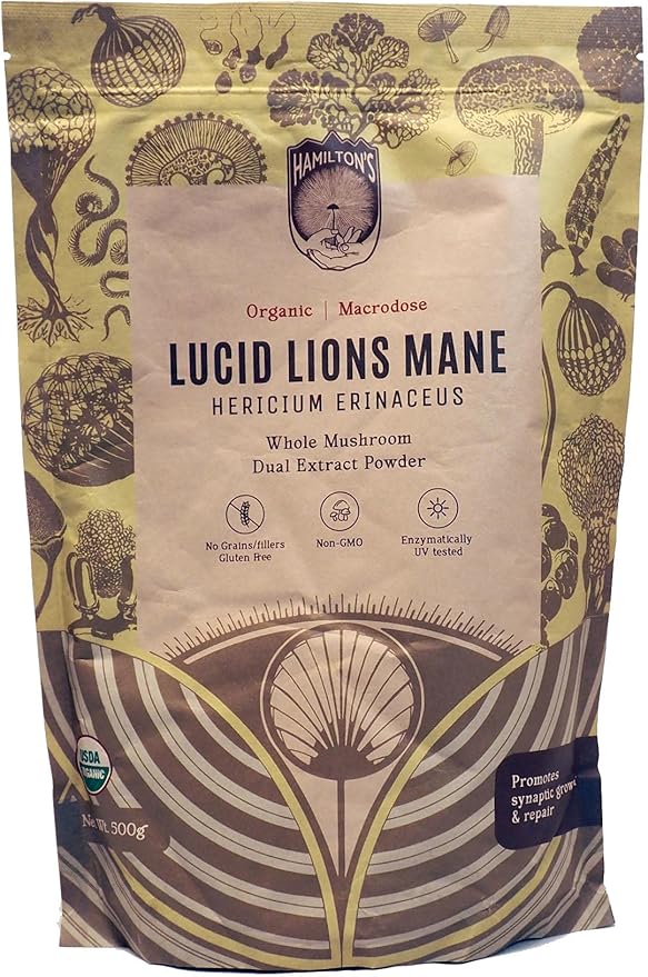 Hamilton’s Lucid Lion’s Mane | Organic Mushroom Extract Powder for Synapse Repair, Nerve Growth Factor, Focus, Memory, and Concentration | High Potency | 30% Beta Glucans | GF, Non-GMO, Vegan (500g)