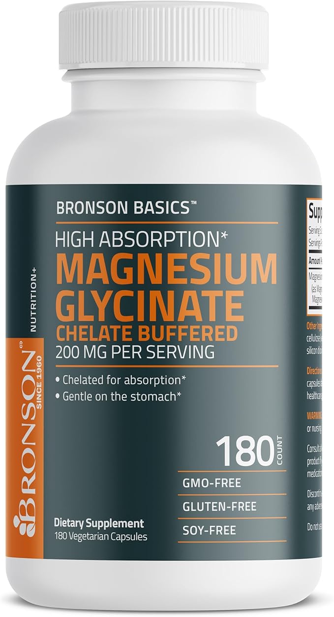 Bronson Magnesium Glycinate 200mg High Absorption Chelated Buffered Gentle On The Stomach Non-GMO, 180 Vegetarian Capsules
