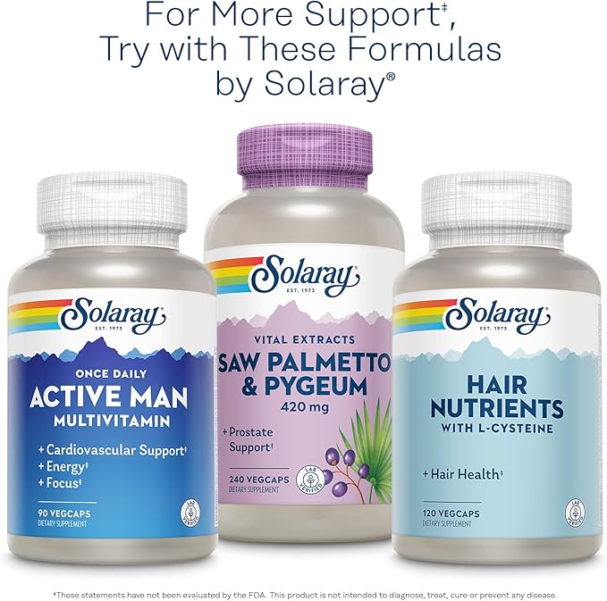 SOLARAY Saw Palmetto Berry 1110 mg, Organic Saw Palmetto for Men, Healthy Prostate Support from Fatty Acids & Plant Sterols, Non-GMO, Vegan & Lab Verified, 60-Day Guarantee, 50 Servings, 100 VegCaps