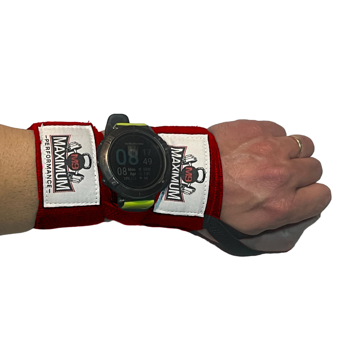 M9 Maximum Performance - Smart Watch Split Wrist Wraps for Men & Women, Wrist Straps for Weightlifting, Crossfit, Strength Training, Bodybuilding, Elastic with Thumb Loop, Gym Accessories, Red 12"
