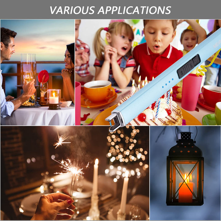 MEIRUBY Lighter Electric Candle Lighter Long Electronic Rechargeable USB Lighter Arc Windproof Flameless Lighters for Candle Camping BBQ Birthday Women's Day Gifts for Women Mom Wife Men, Light Blue
