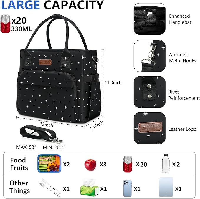 MIYCOO Lunch Bag Lunch Box Women - Leakproof Insulated Lunch Cooler Bag for Women - Large Lunch Tote Bags Adults, Black Starry Sky